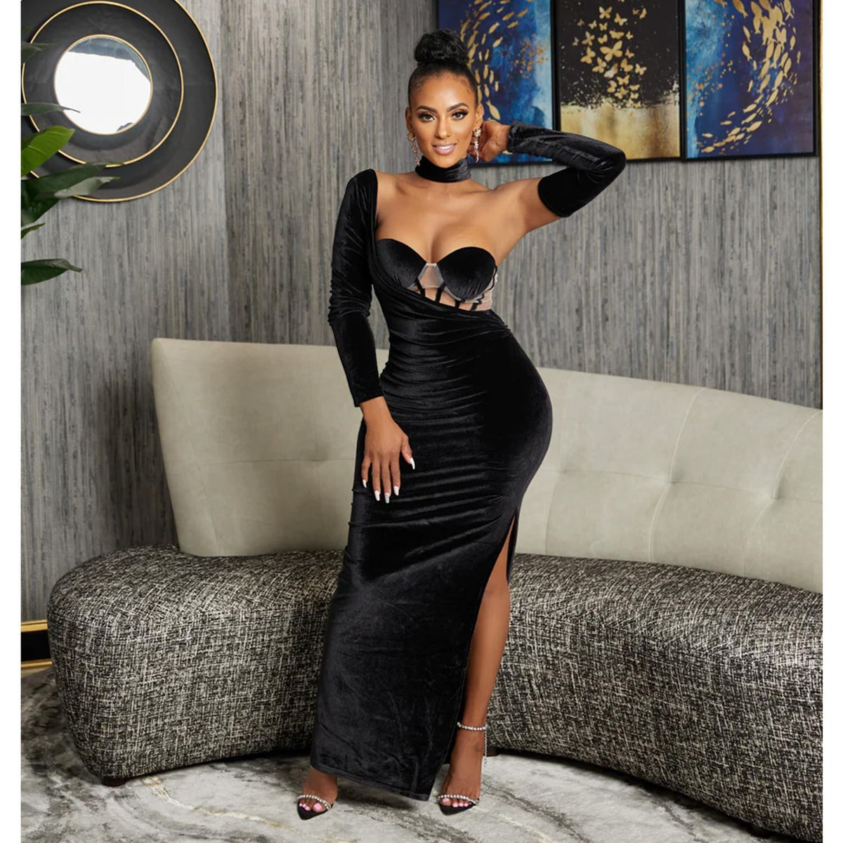 Fashion Women's Solid Color Strapless Gloves Dress Long Dress