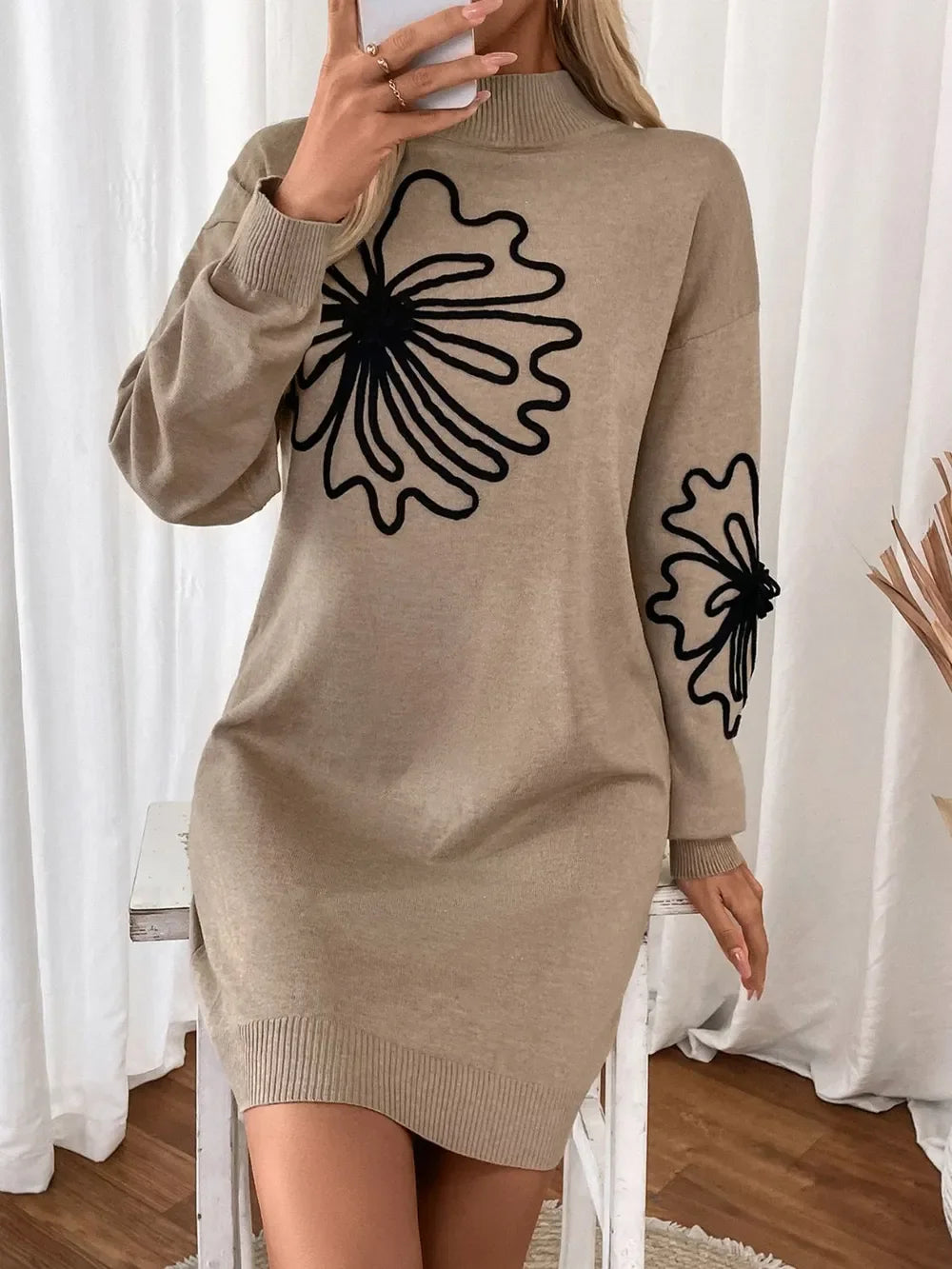 Perfee Flower Mock Neck Long Sleeve Sweater Dress - tif-shop24.de