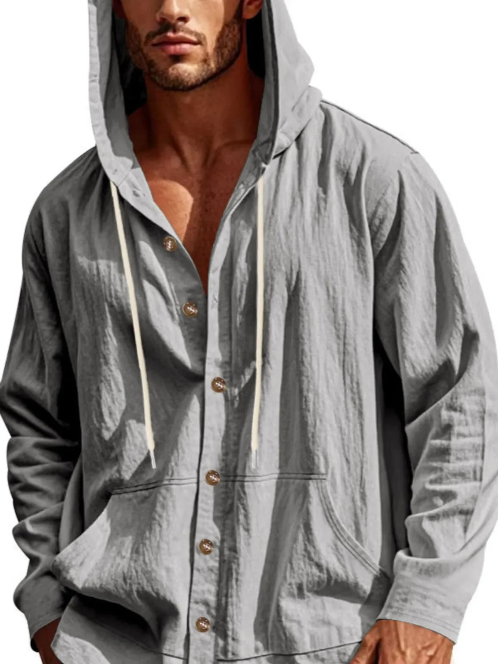 Men's Full Size Drawstring Button Up Hooded Top Plus Size - tif-shop24.de