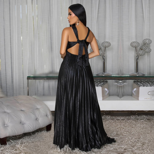 Elegant High-End Long Swing Gold Foil Solid Color Dress for Women