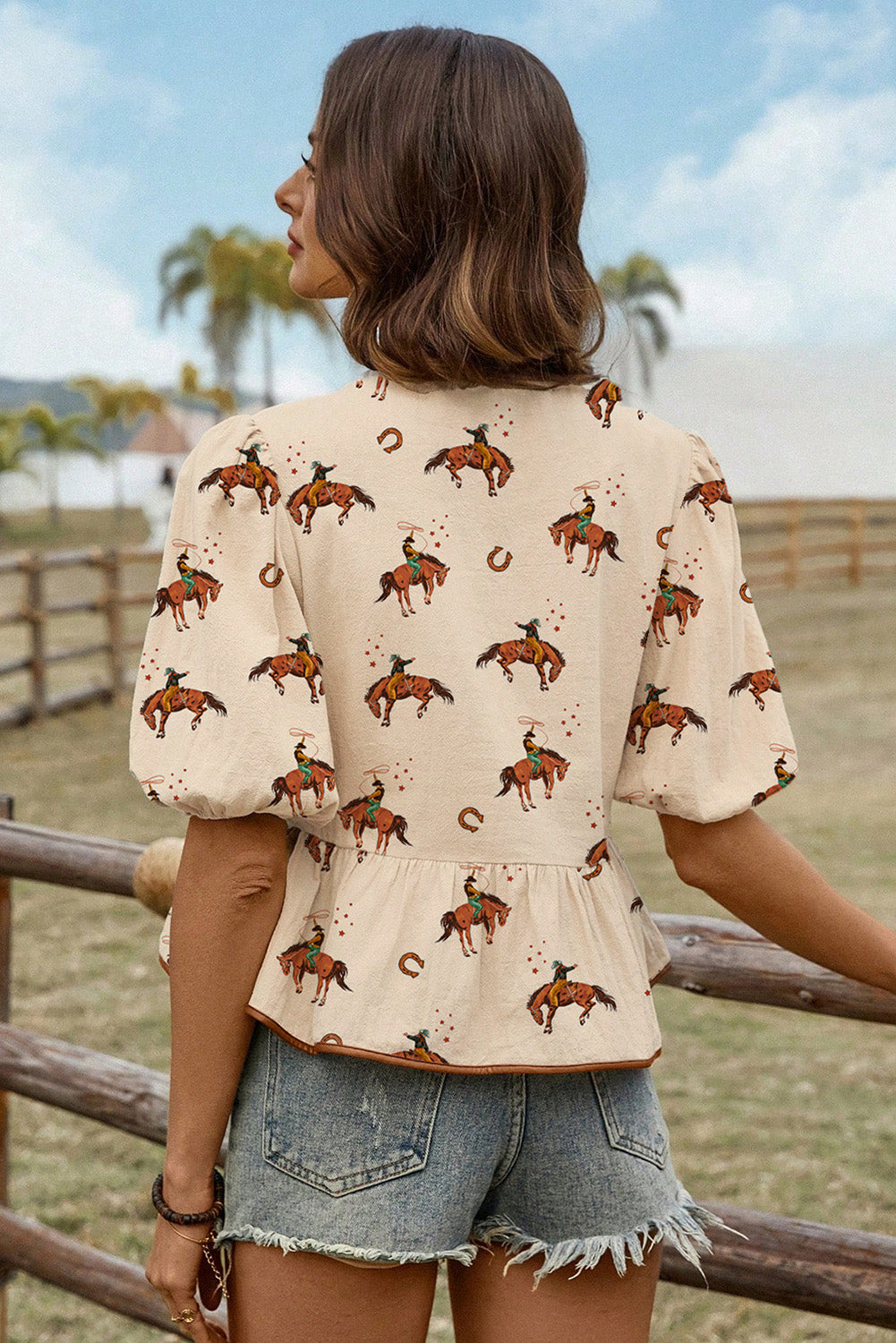Apricot Cowboy Print Puff Sleeve Bowknot Babydoll Blouse