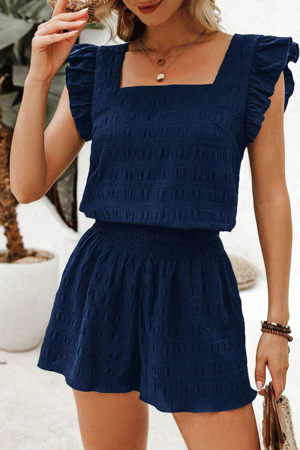Dirty Blue Textured Ruffle Top and Shirred High Waist Shorts Set