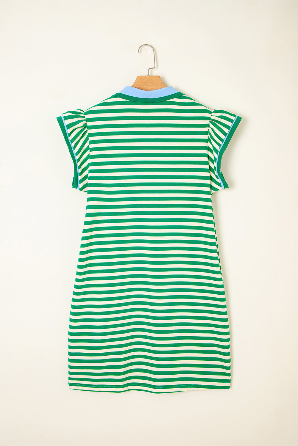 Green Striped Ruffle Short Sleeve Pop of Color Neckline Dress