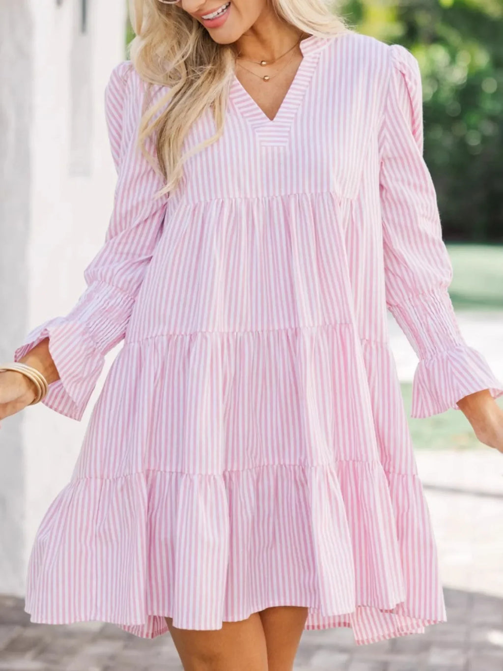 Striped Tiered Flounce Sleeve Shirt Dress - tif-shop24.de
