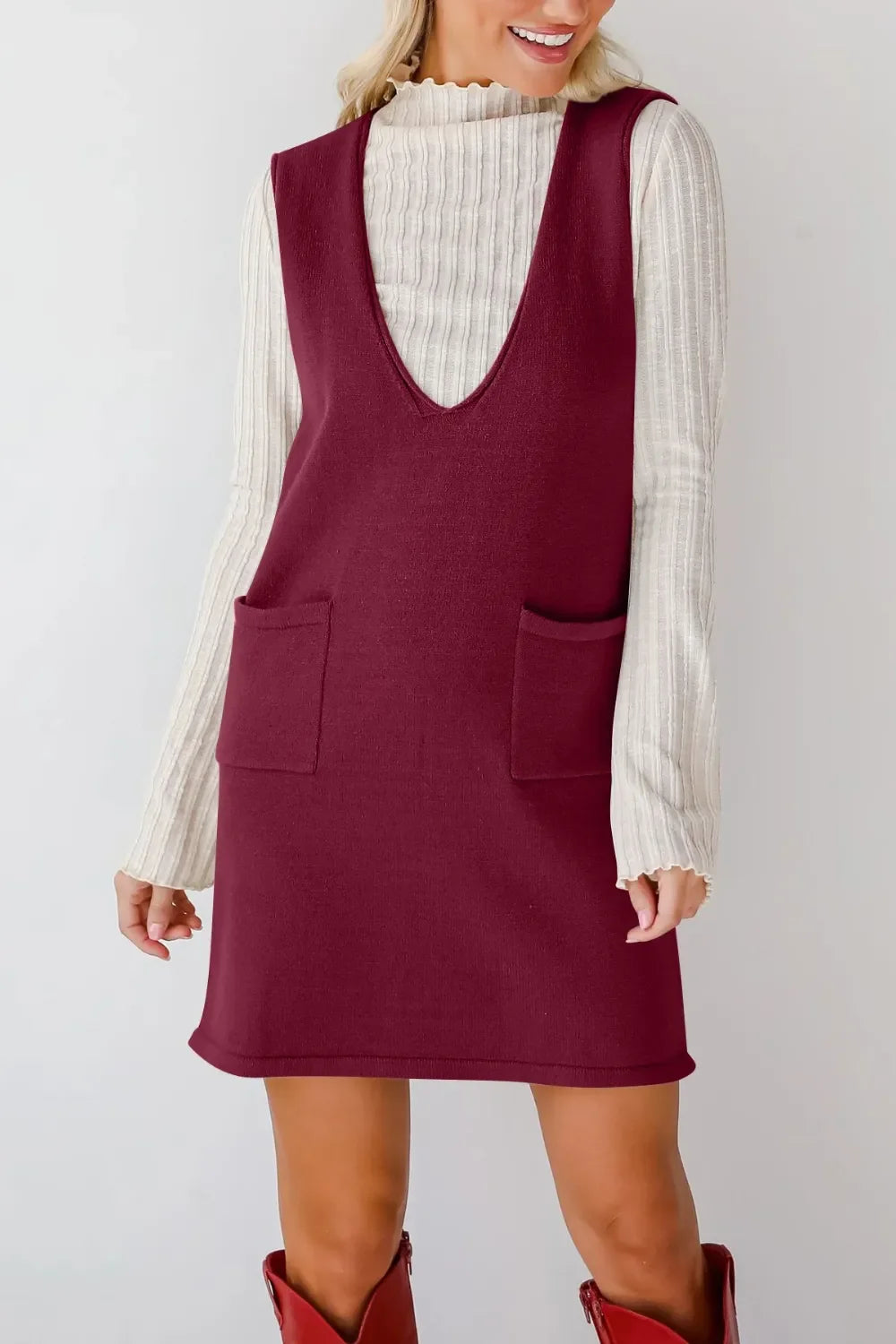 Lovelet Pocketed V-Neck Mini Sweater Overall Dress - tif-shop24.de