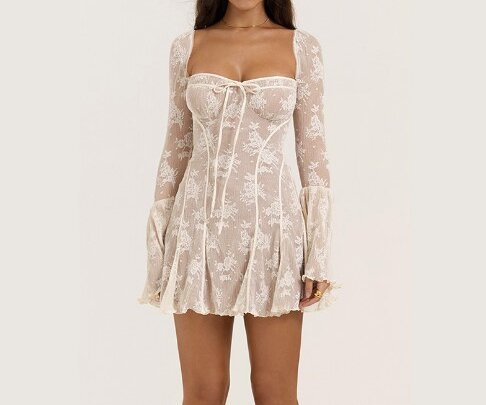 Sexy Black Lace Bodycon Dress with Tie-Up Detail for Women