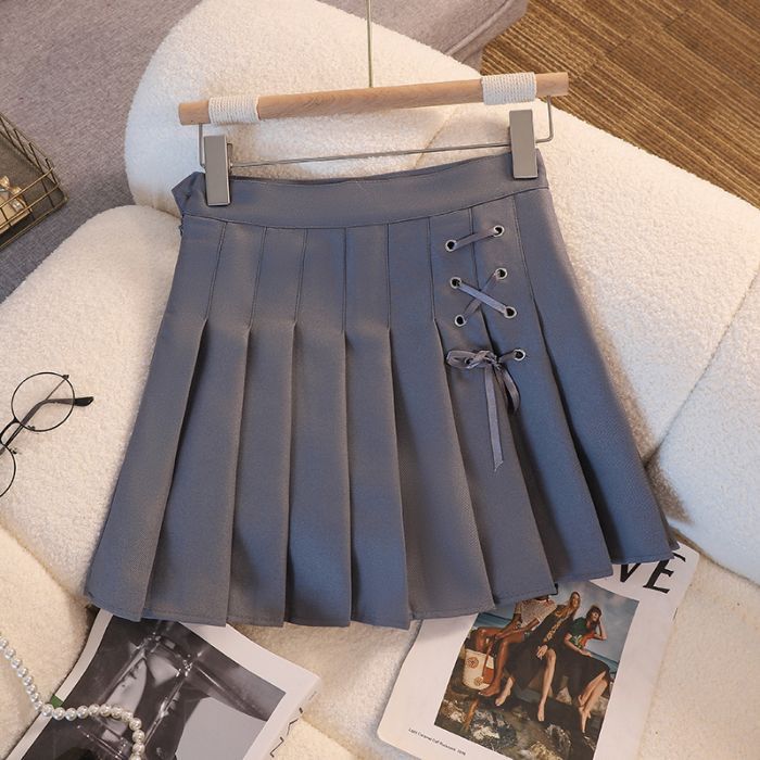 Campus Style Tie Waist Pleated Skirt, High Waist Slim Fit, Pure Color A-Line Mini Skirt, Casual Summer Sporty Look