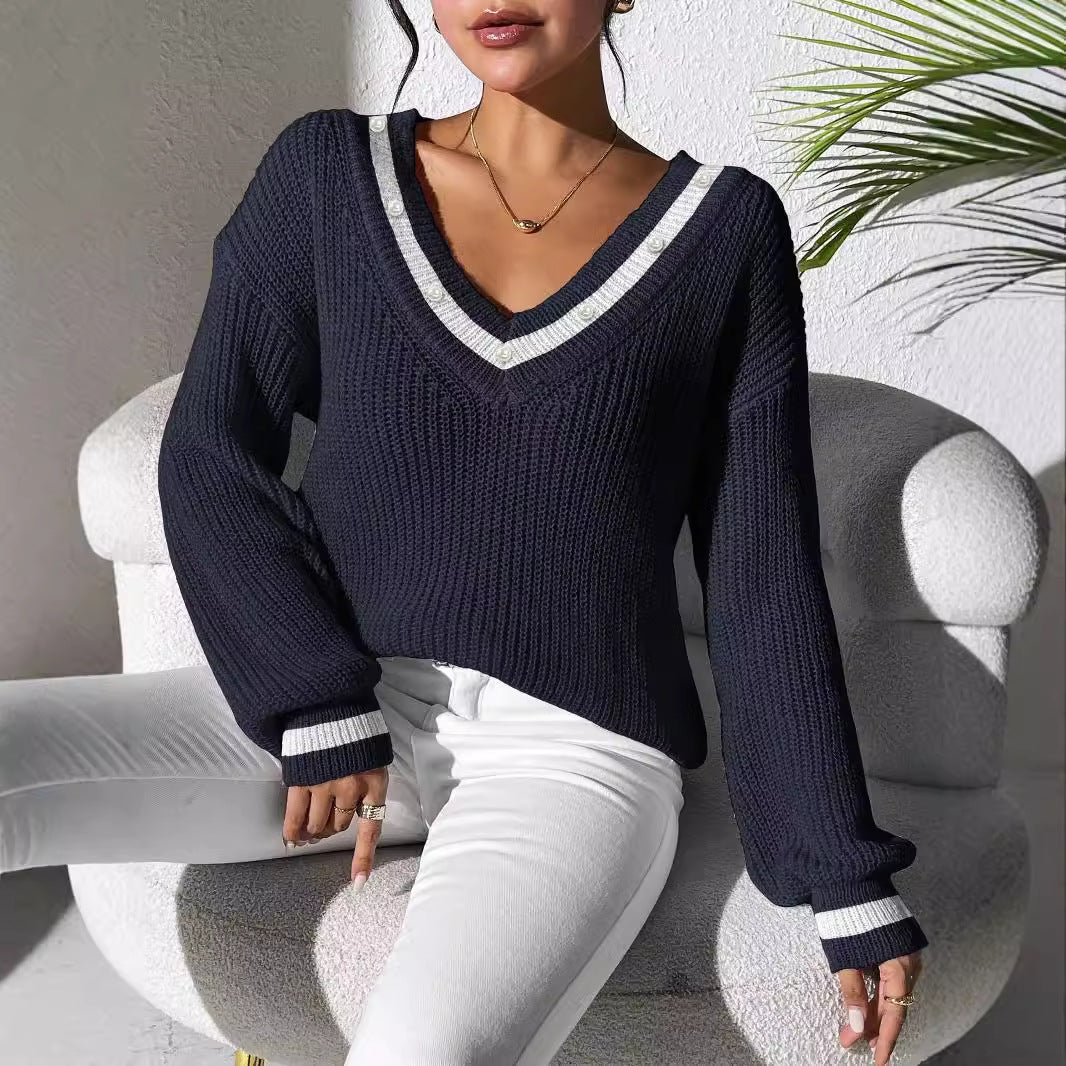 Women's Top Color-block Spliced V-neck Long Sleeve Knit Sweater Beaded Casual Layering Shirt