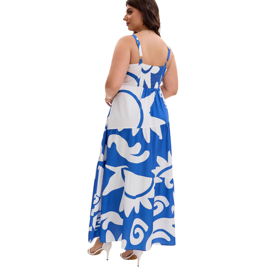 Geometric Print Layered Maxi Strap Dress for Women - Casual Vacation Style, Loose Fit, Oversized Design