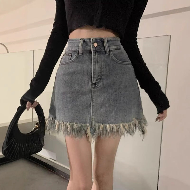 Tassel Denim Mini Skirt Women Summer High Waist Slimming A-Line Short Height Sweet Spicy Vintage Style Skirt