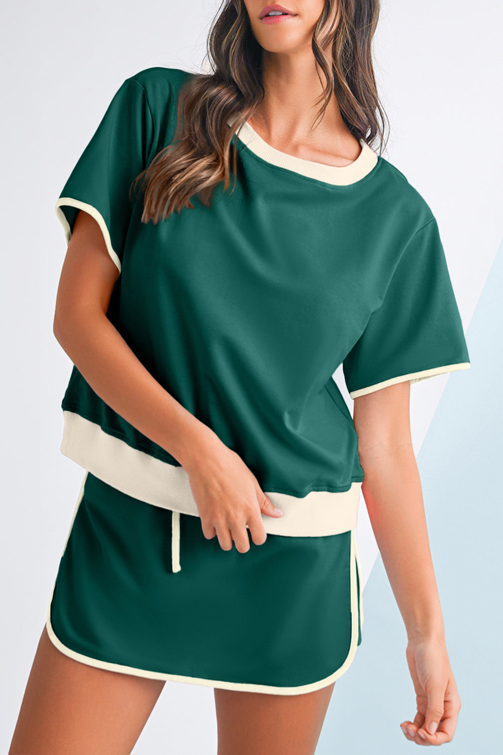 Evergreen Colorblock Edge Drop Shoulder T Shirt and Skort 2Pcs Set