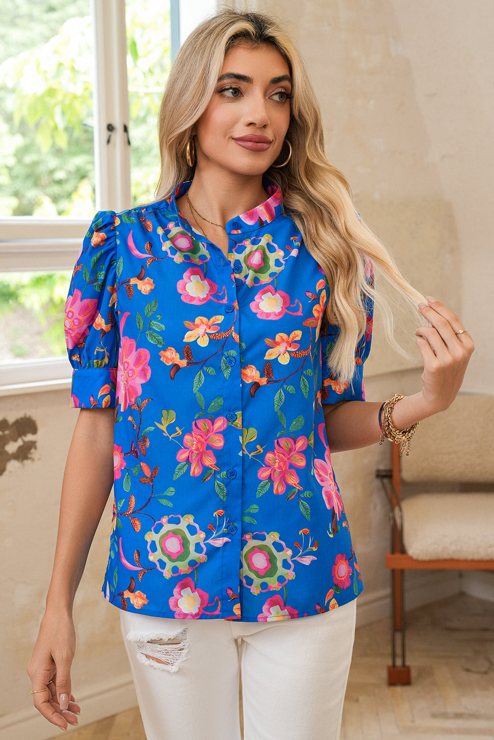 Blue Puff Sleeve Button Up Boho Floral Shirt