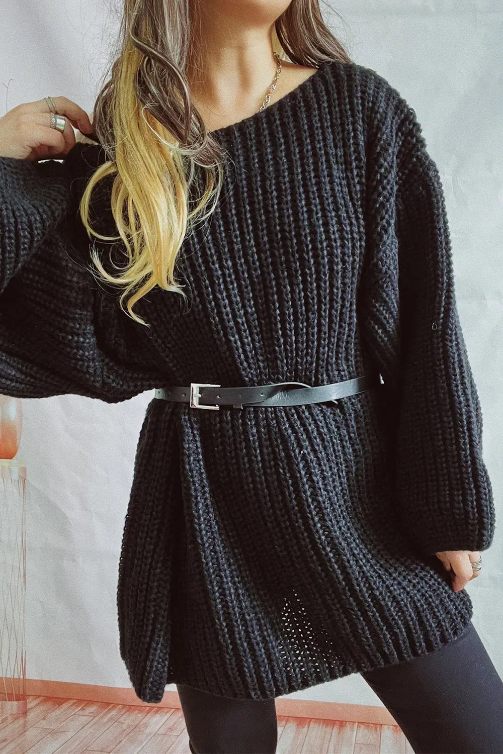 Boat Neck Dropped Shoulder Mini Sweater Dress - tif-shop24.de