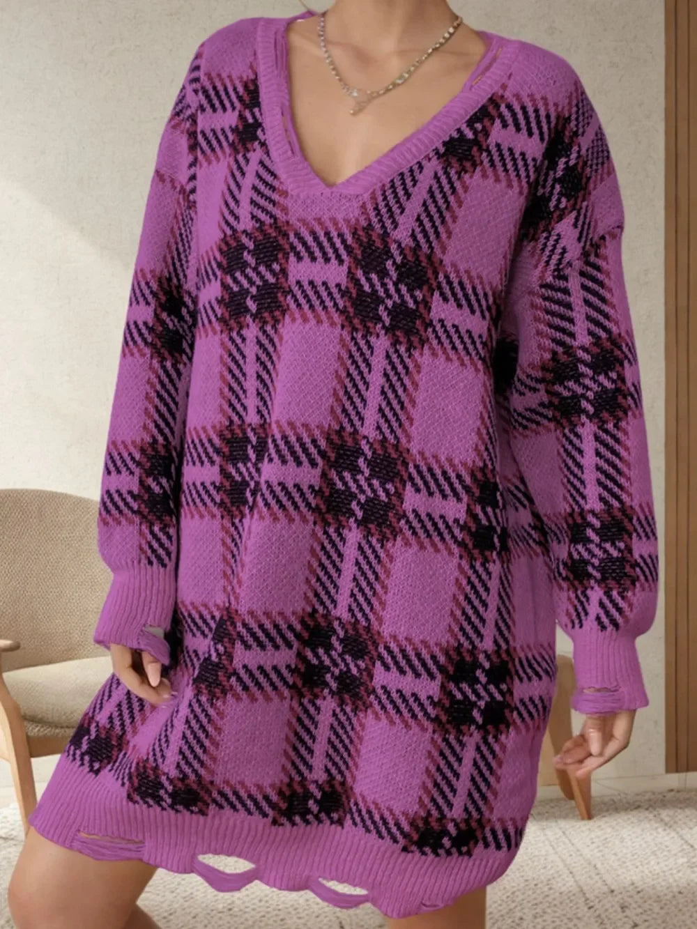 Distressed Plaid V-Neck Long Sleeve Sweater Dress - tif-shop24.de