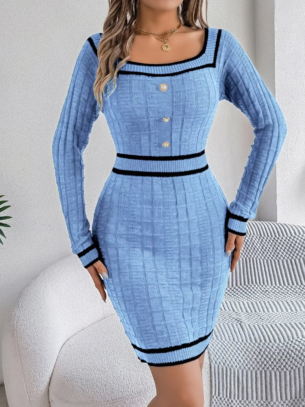 Contrast Trim Long Sleeve Sweater Dress - tif-shop24.de
