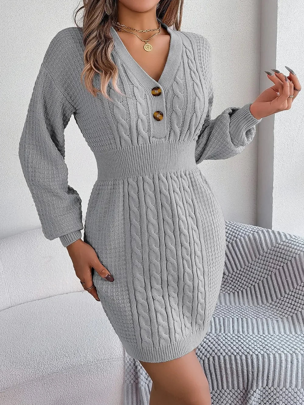 Buttoned Cable-Knit V-Neck Sweater Dress - tif-shop24.de