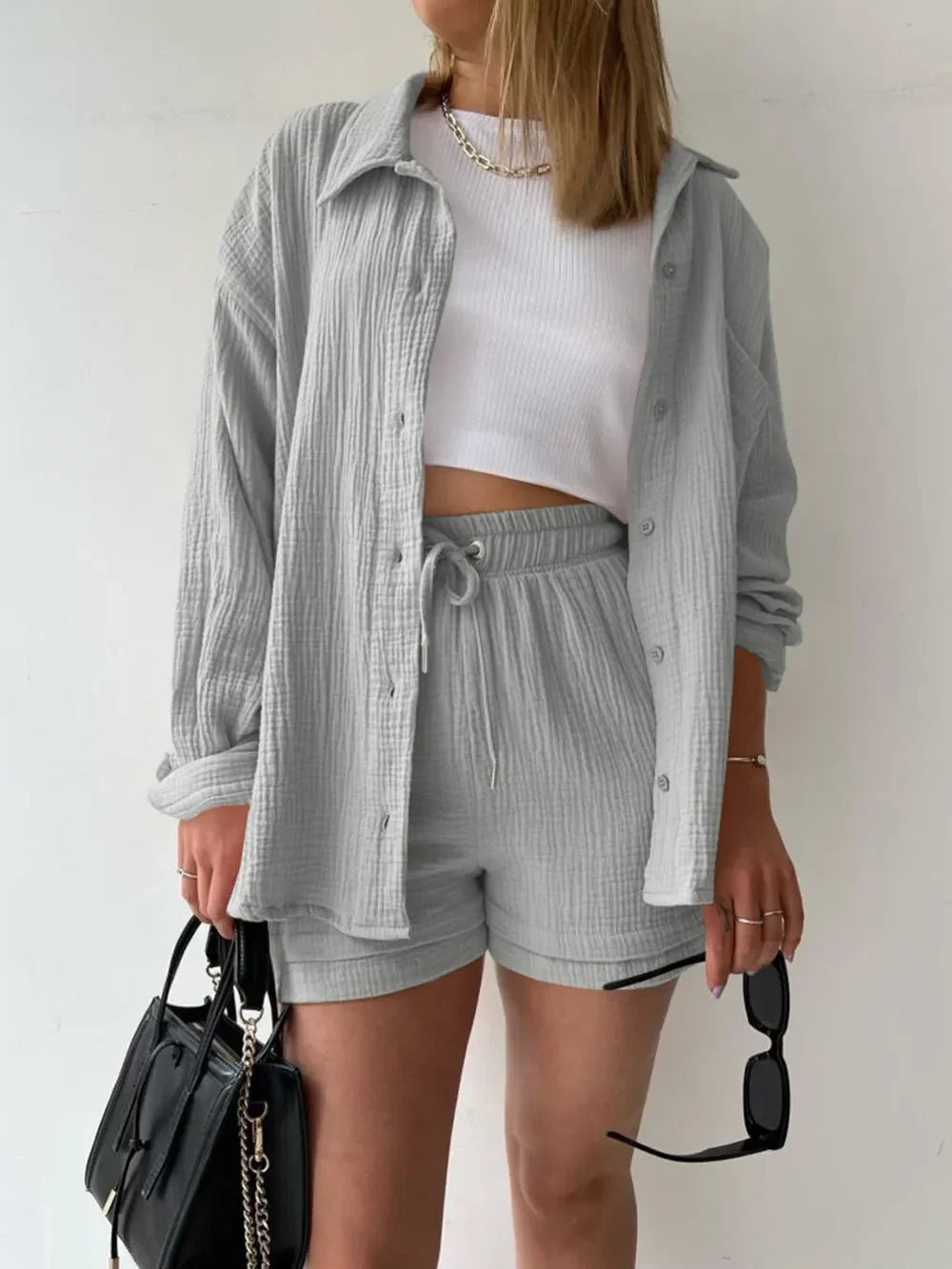 Texture Button Up Shirt and Drawstring Shorts Set - tif-shop24.de