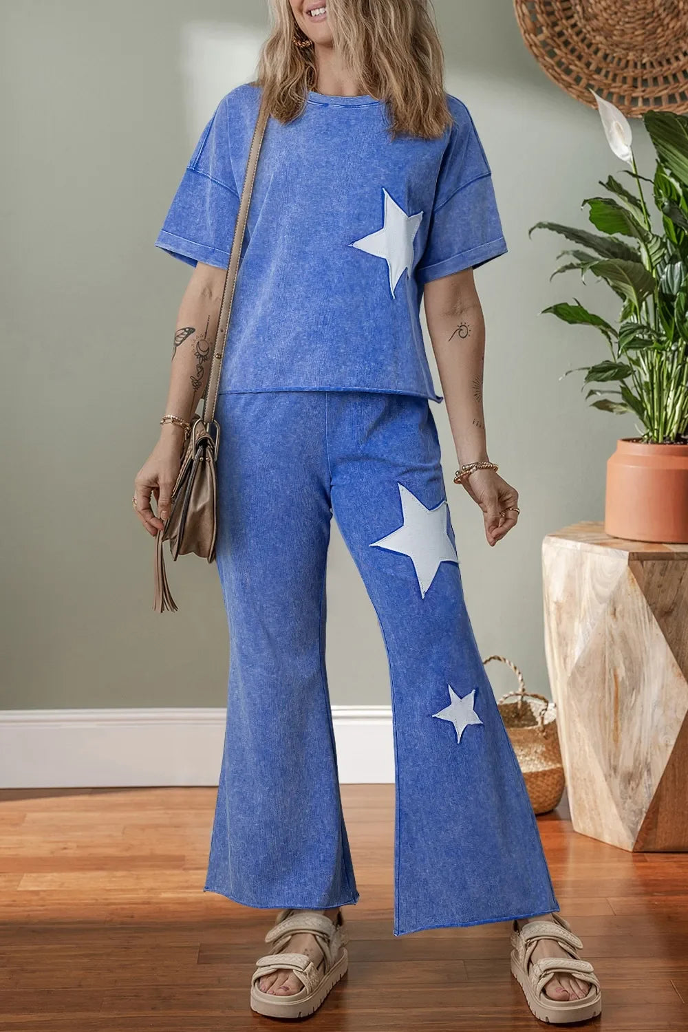 Acid Wash Star Patched Rolled Trim Top and Pants Set - tif-shop24.de