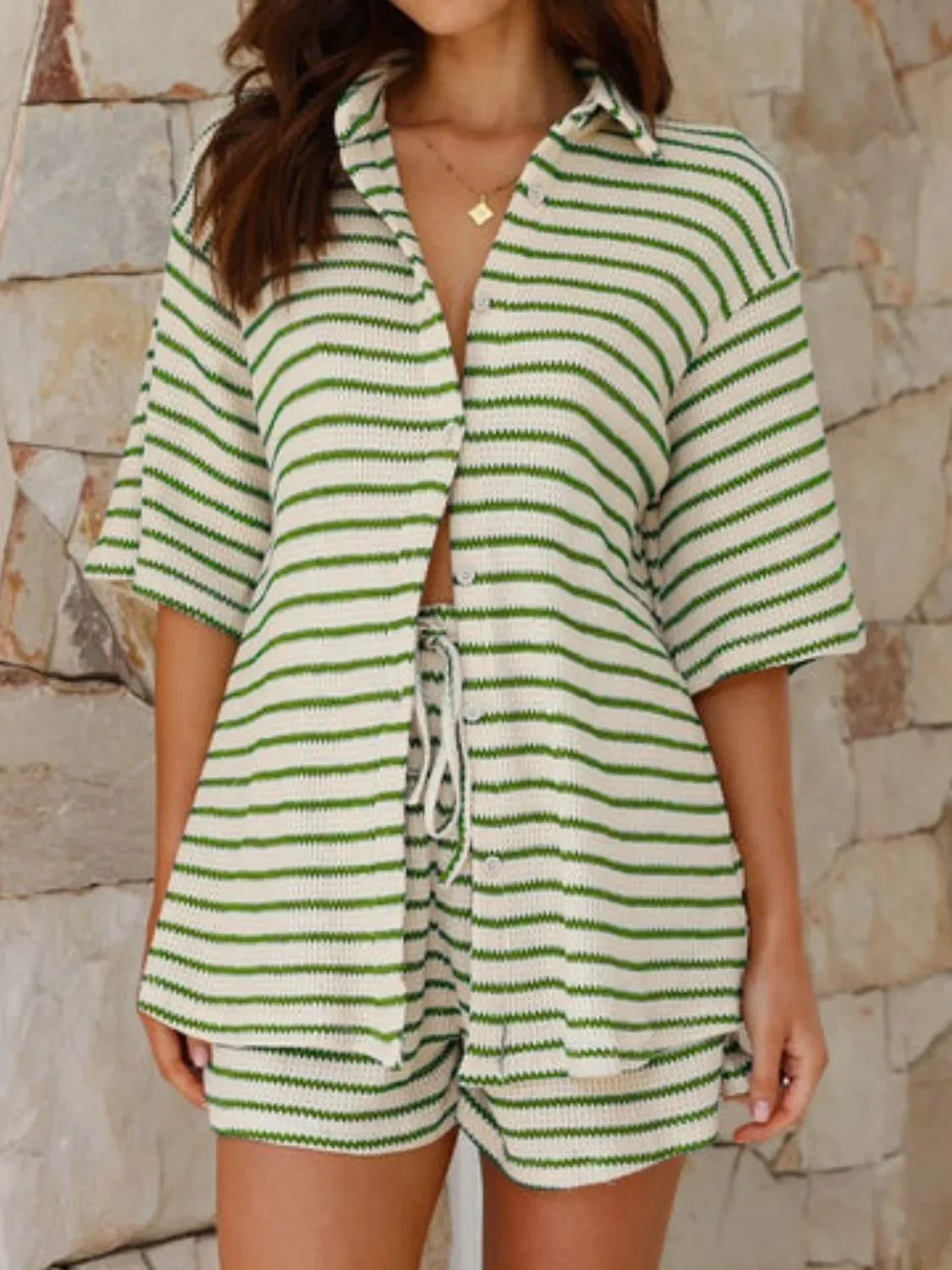 Striped Half Sleeve Top and Shorts Set - tif-shop24.de