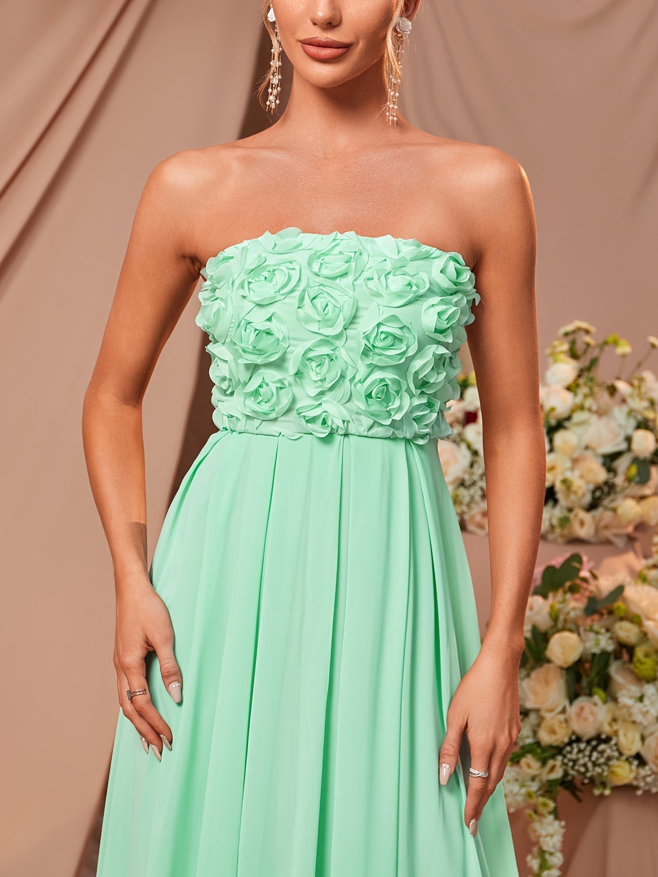 Solid Color Ruffle Hem Hochzeitskleid Elegantes 3D-Blumendekor Off-Shoulder-Ärmelloses Kleid