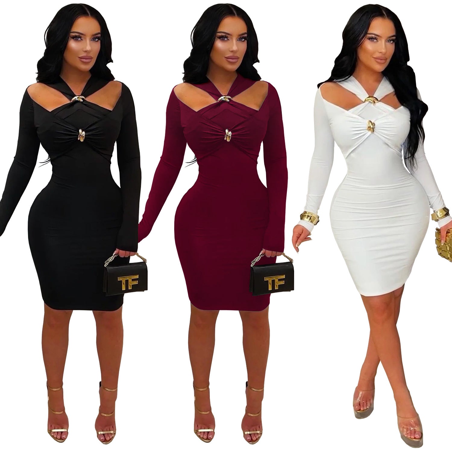 Chic Off-Shoulder Fitted Bodycon Solid Color Dress