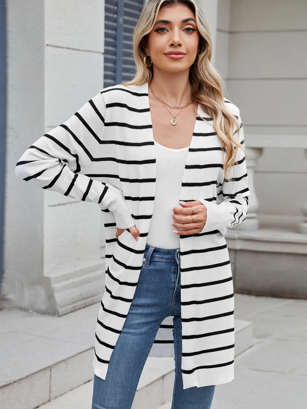 Striped Open Front Cardigan with Relaxed Fit - tif-shop24.de