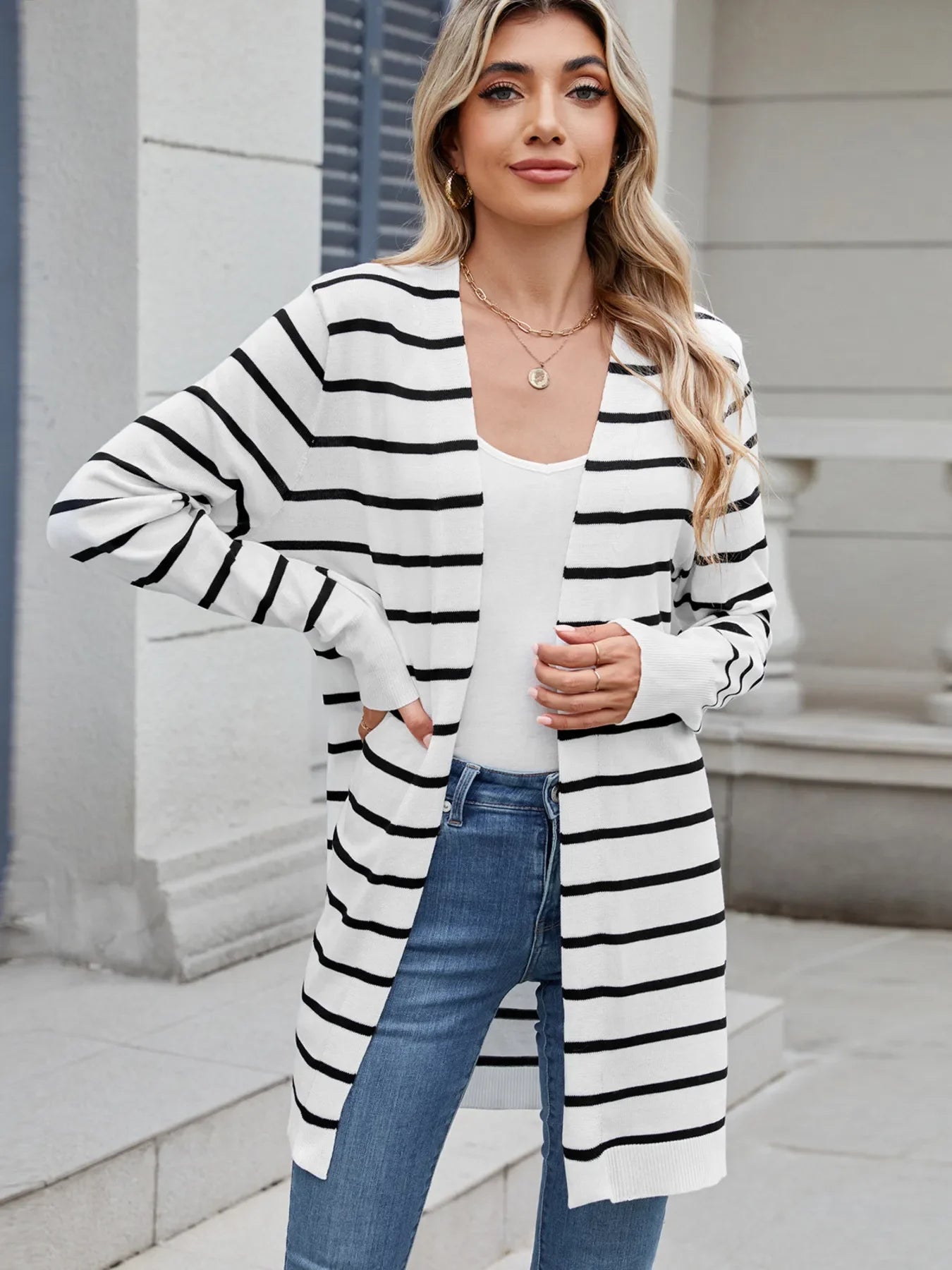 Striped Open Front Cardigan with Relaxed Fit - tif-shop24.de