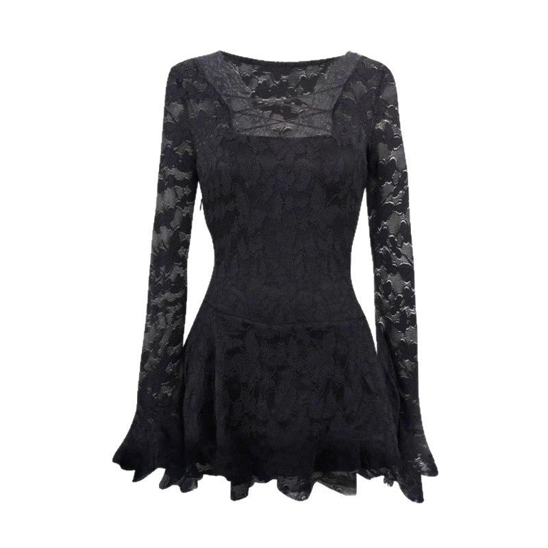 Pure Seductive Black Lace Dress for Women, Autumn Fitted Slim Long Sleeve Mini Dress