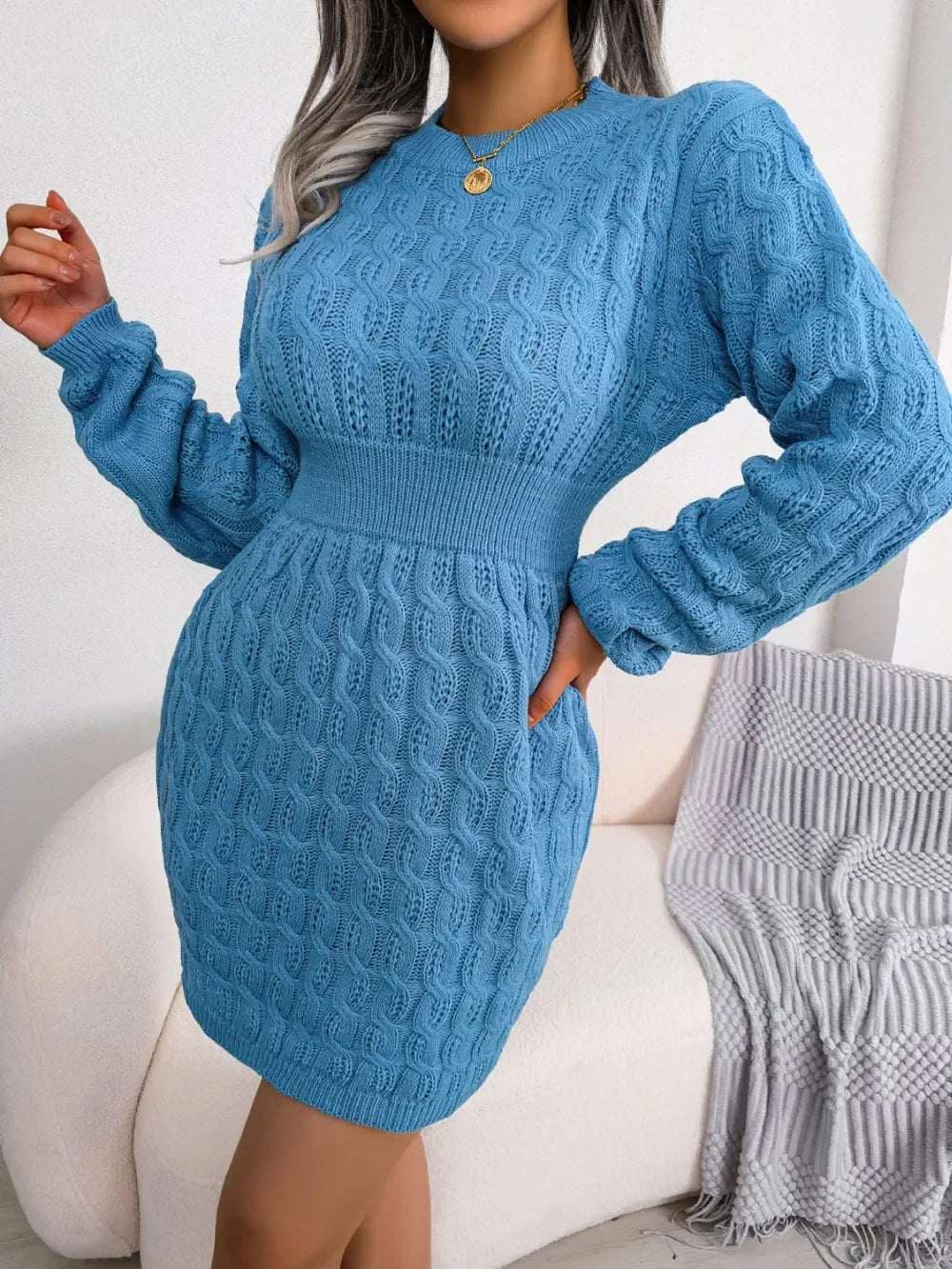 Cable-Knit Round Neck Mini Wrap Sweater Dress - tif-shop24.de