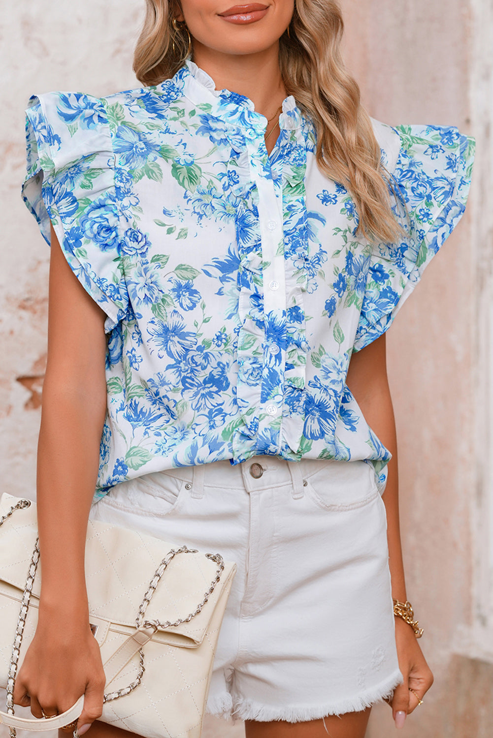 Sky Blue Floral Print Ruffle Sleeve Frill Shirt
