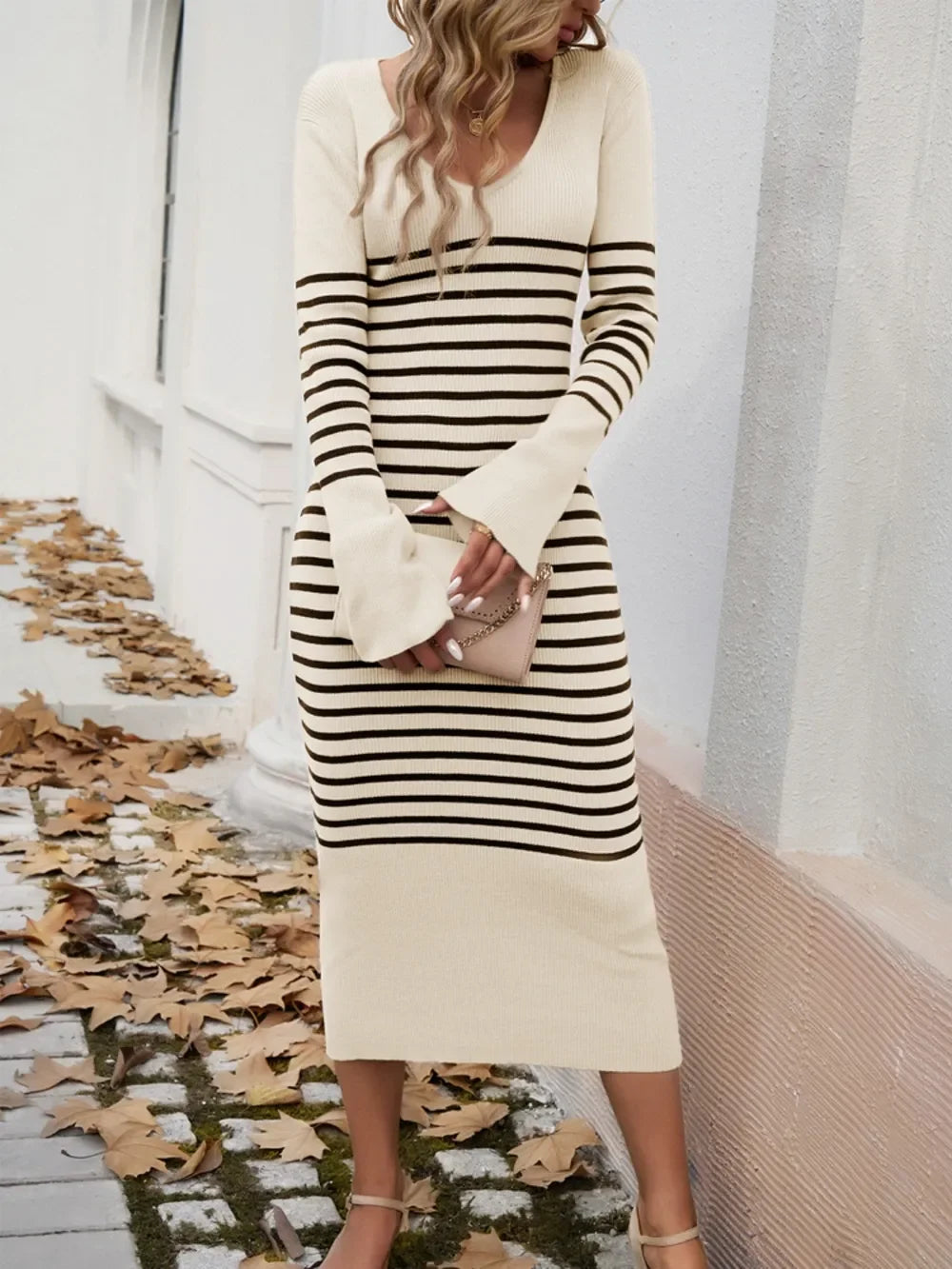 Devine Striped V-Neck Long Sleeve Sweater Dress - tif-shop24.de