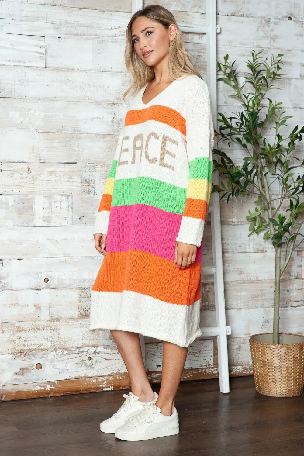 Color Block V-Neck Long Sleeve Sweater Dress - tif-shop24.de