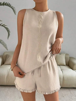 Lace Detail Round Neck Tank and Shorts Set - tif-shop24.de