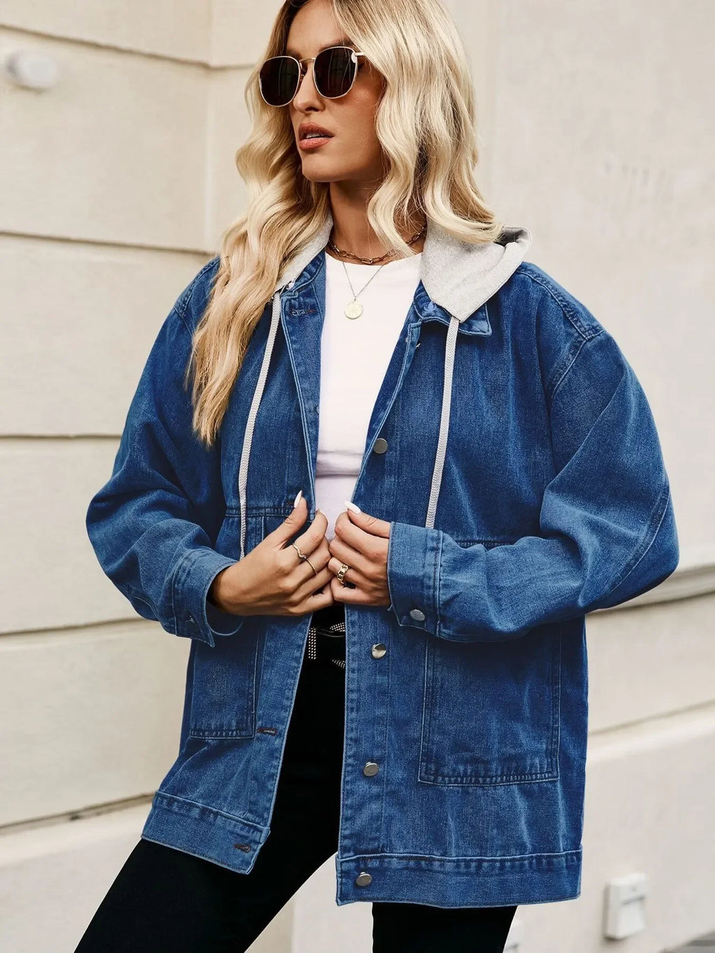 Oversized Button Up Denim Jacket with Hood - tif-shop24.de
