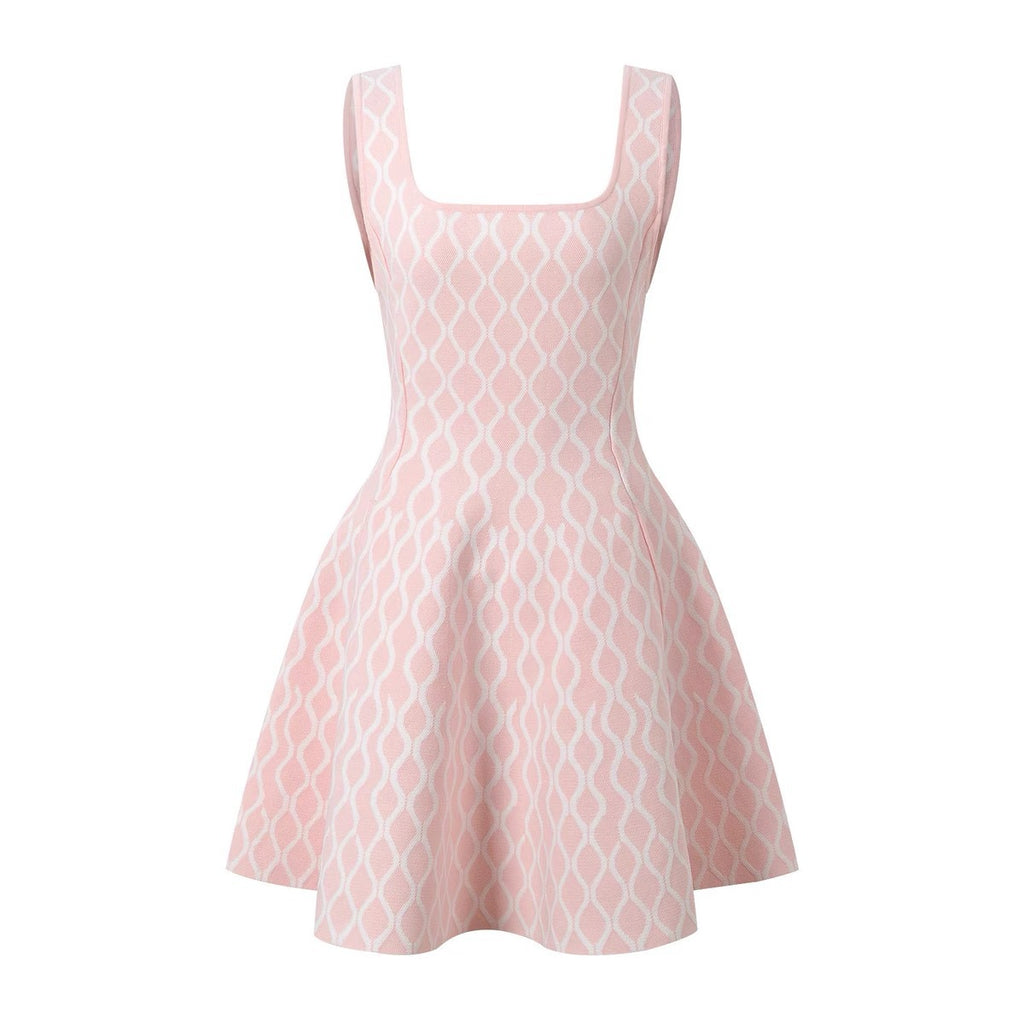 Water Ripple Pattern Sleeveless Strap Neckline A-line Waist-cinching Dress