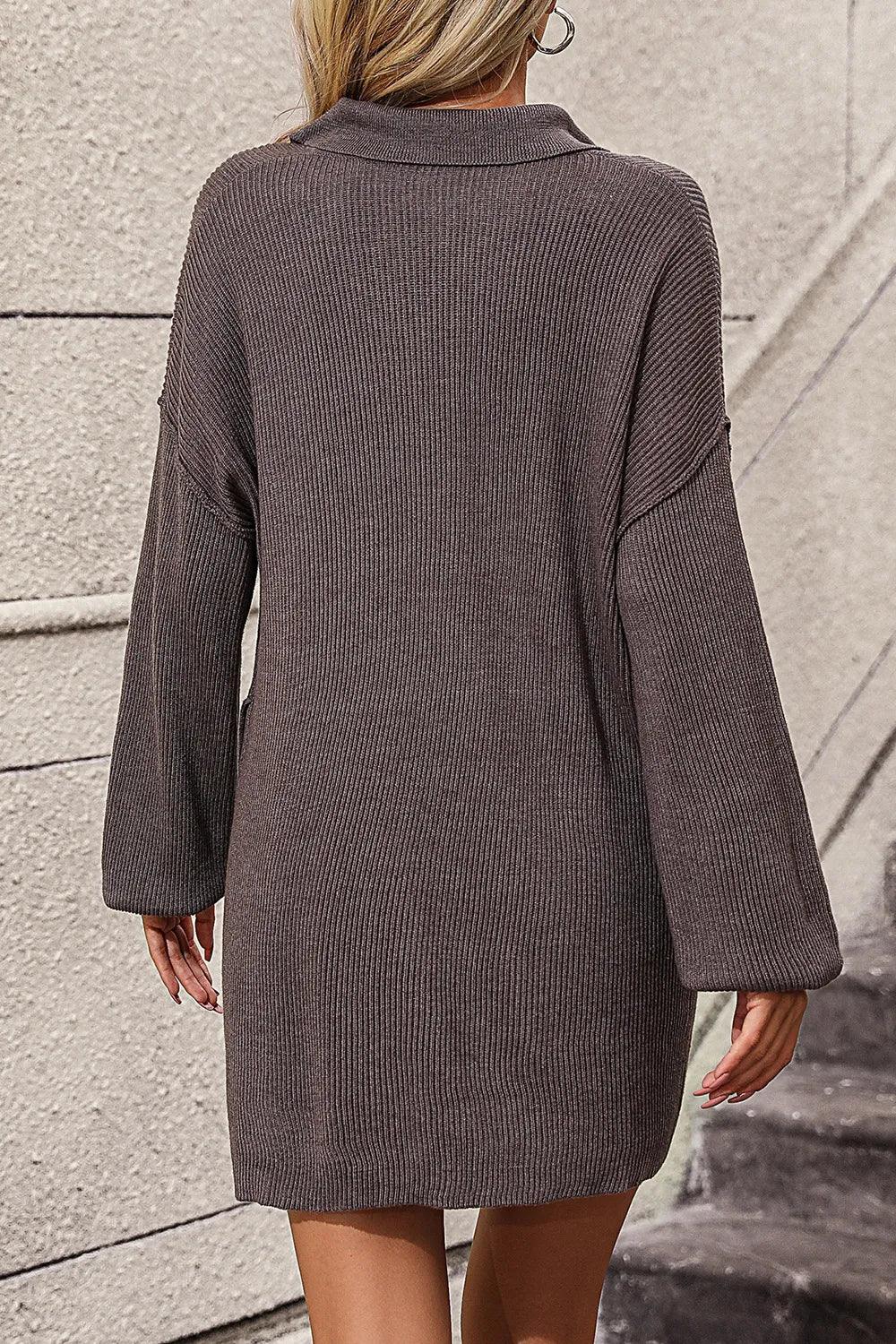 Collared Neck Long Sleeve Sweater Dress with Pockets - tif-shop24.de