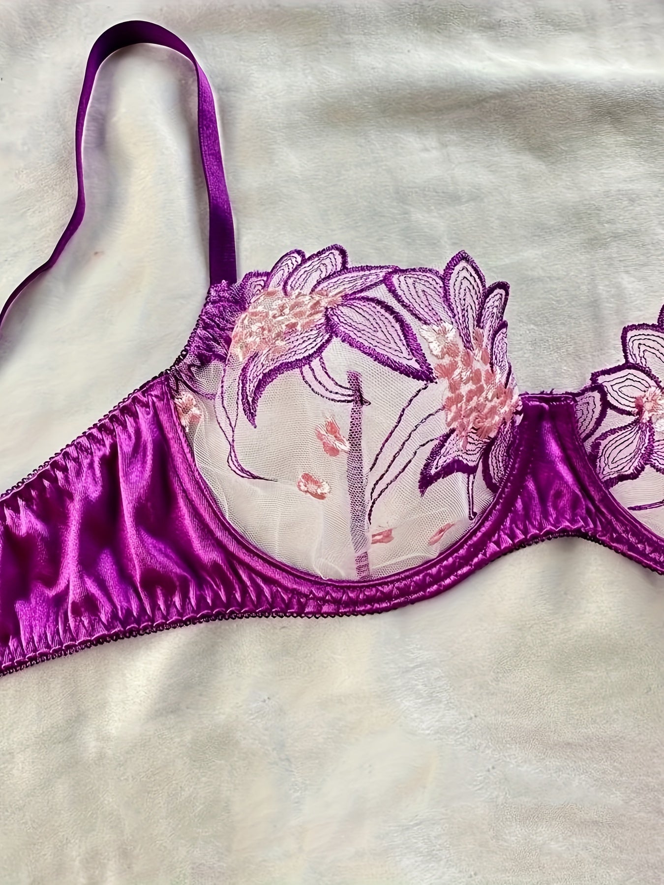 Floral Besticktes Durchsichtiges Dessous-Set, Niedriger Cup Ungepolsterter BH & G-Strings, Damen Sexy Dessous & Unterwäsche