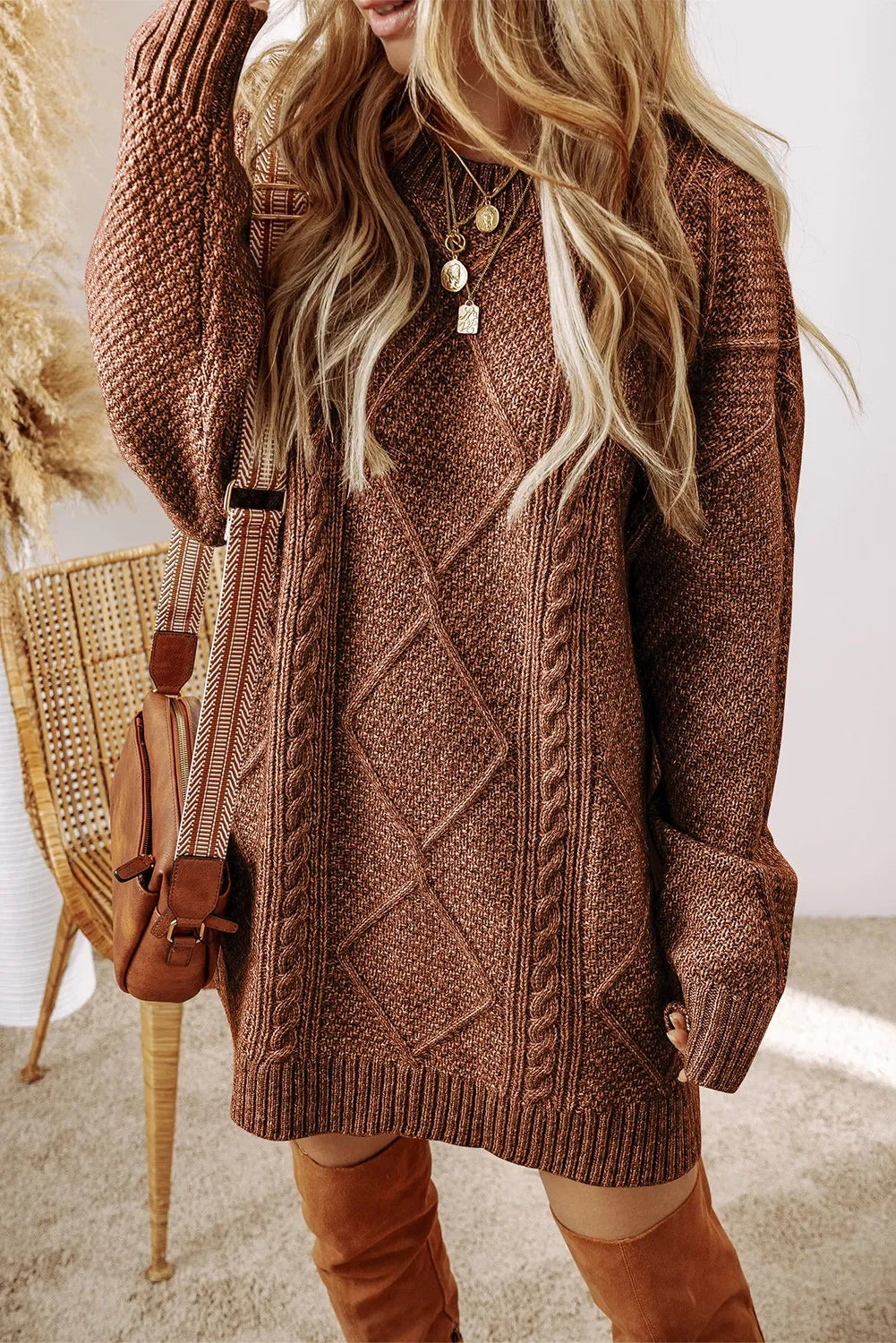 Cable-Knit Round Neck Sweater Dress - tif-shop24.de