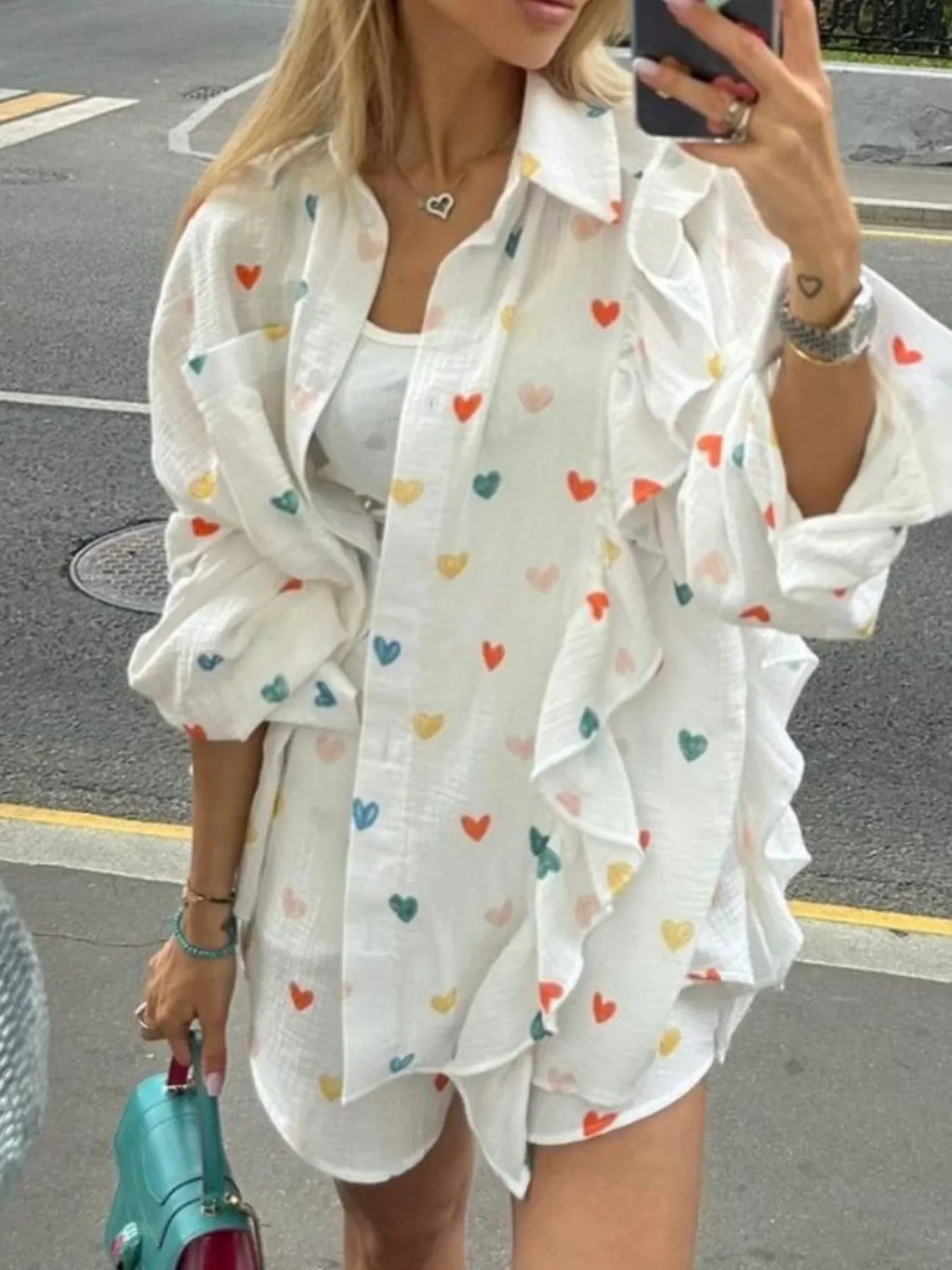 Colorful Heart Print Shirt and Shorts Set - tif-shop24.de