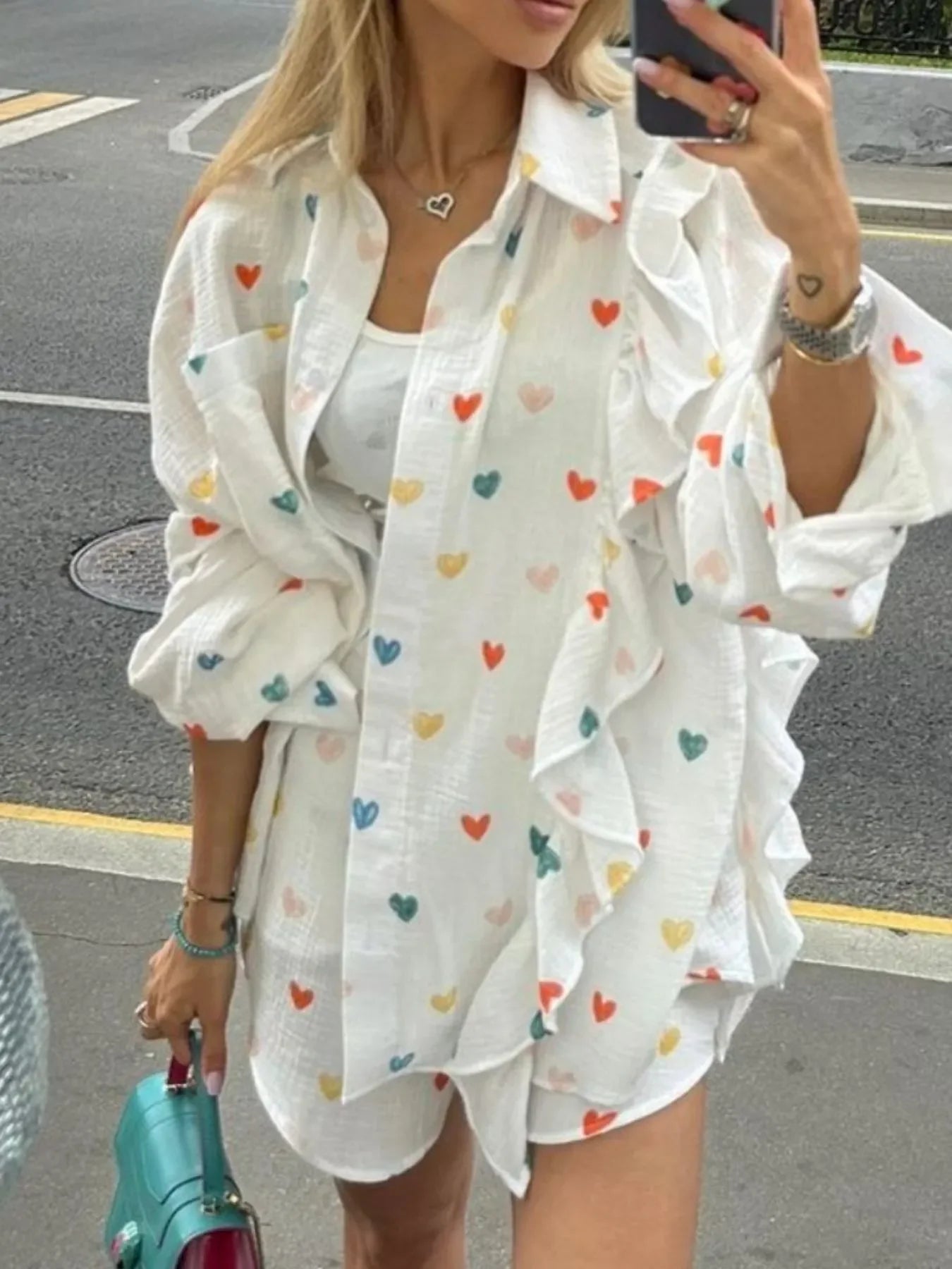 Colorful Heart Print Shirt and Shorts Set - tif-shop24.de