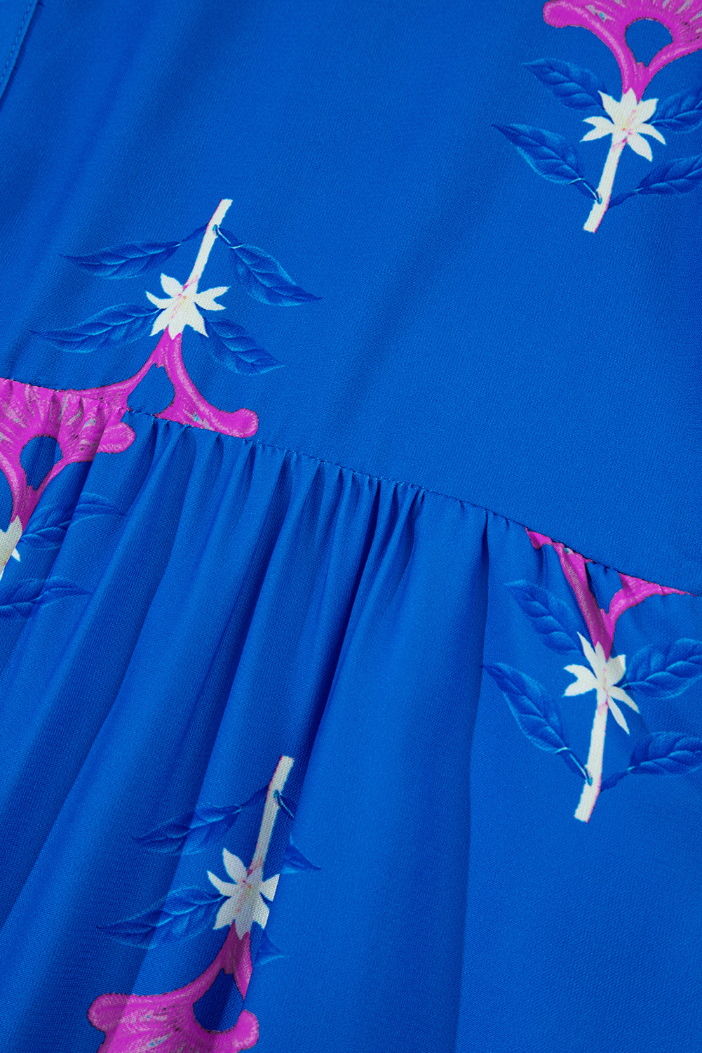 Blue Floral Print Notched Neck Flounce Sleeve Maxi Dress