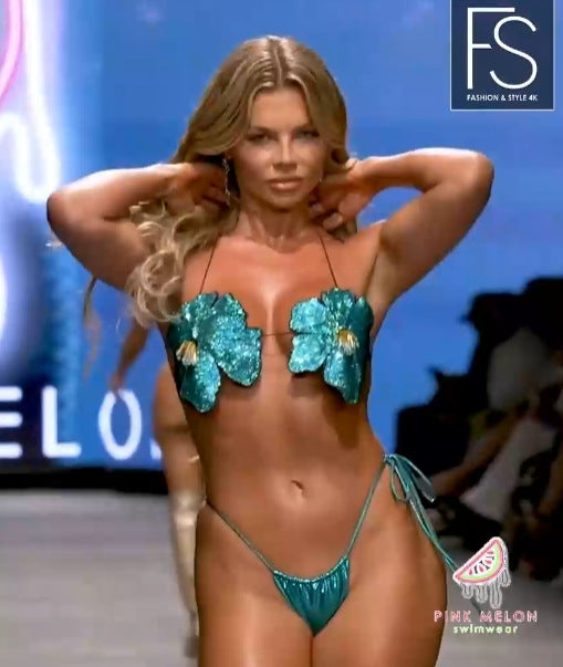 European and American T stage show new sequin flower split strap shiny bikini swimsuit for women