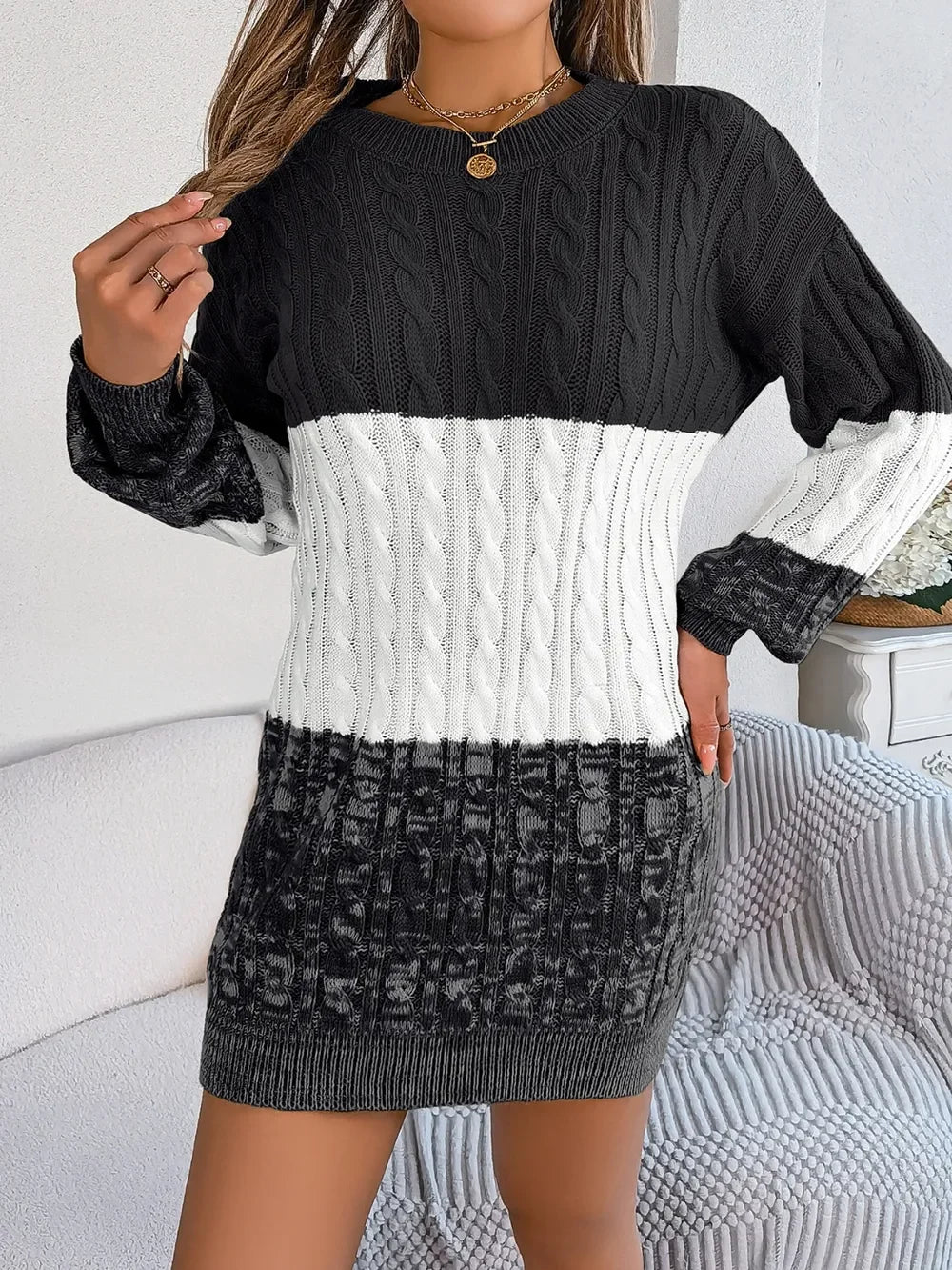 Cable-Knit Round Neck Color Block Sweater Dress - tif-shop24.de