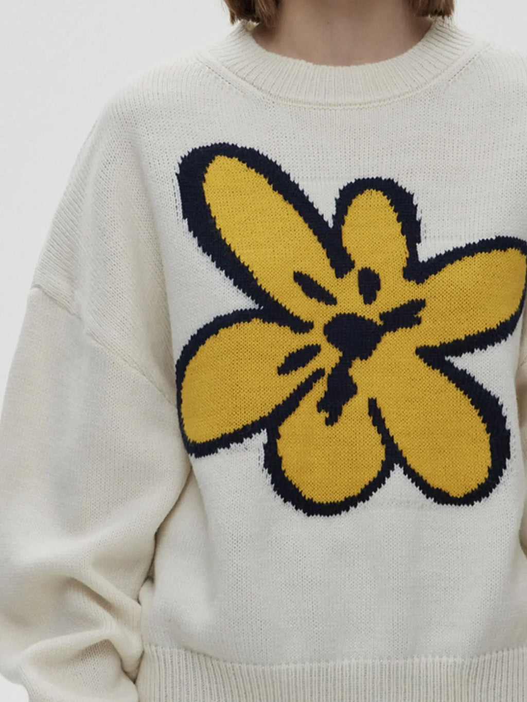 Flower Ribbed Hem Round Neck Sweater - tif-shop24.de