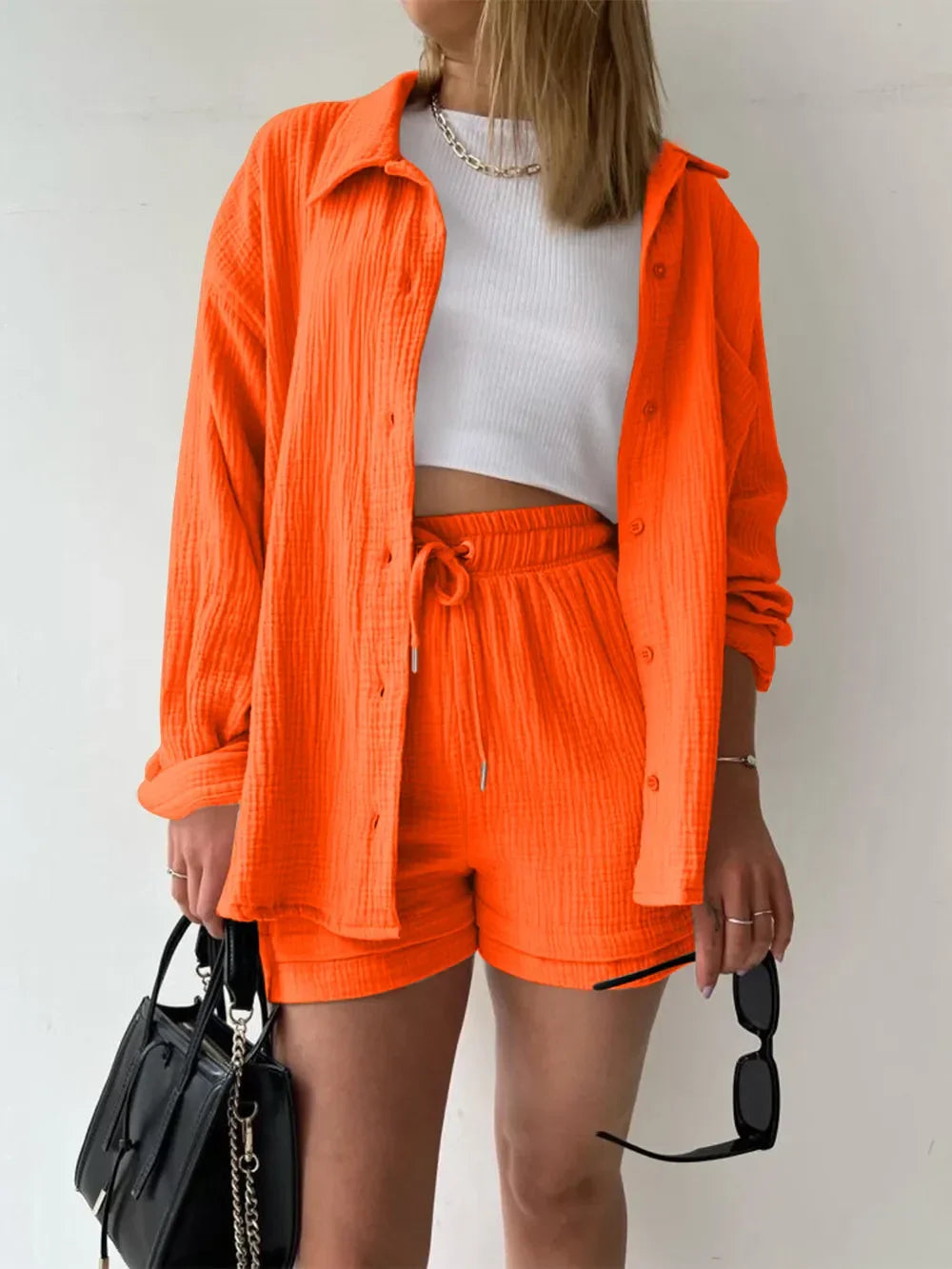 Texture Button Up Shirt and Drawstring Shorts Set - tif-shop24.de