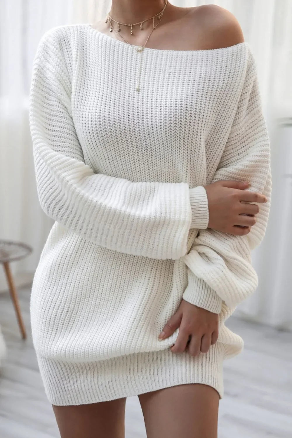 Boat Neck Long Sleeve Mini Sweater Dress - tif-shop24.de