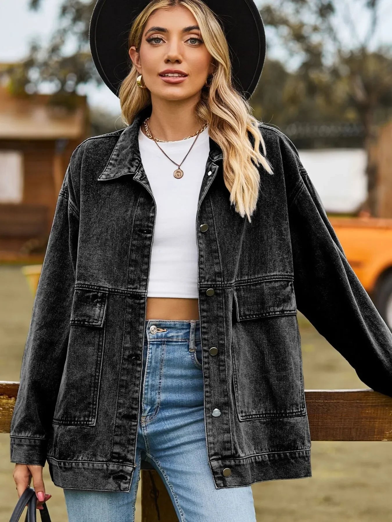 Oversized Button Up Denim Jacket with Hood - tif-shop24.de