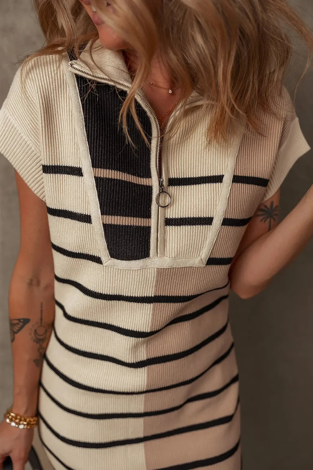 Striped Quarter Zip Cap Sleeve Sweater Dress - tif-shop24.de