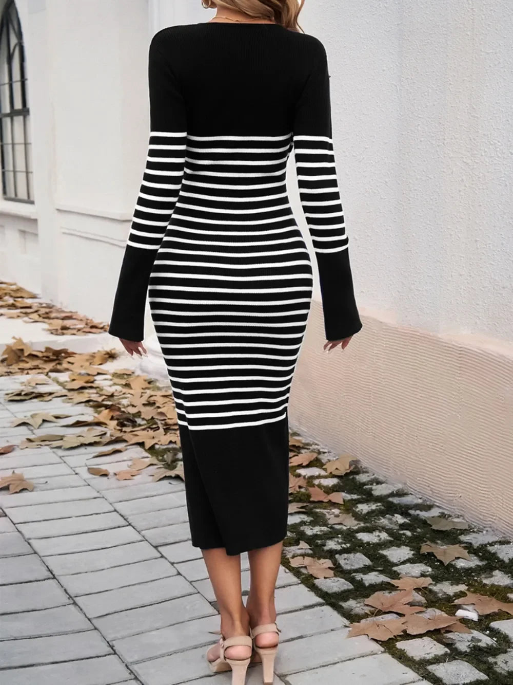 Devine Striped V-Neck Long Sleeve Sweater Dress - tif-shop24.de