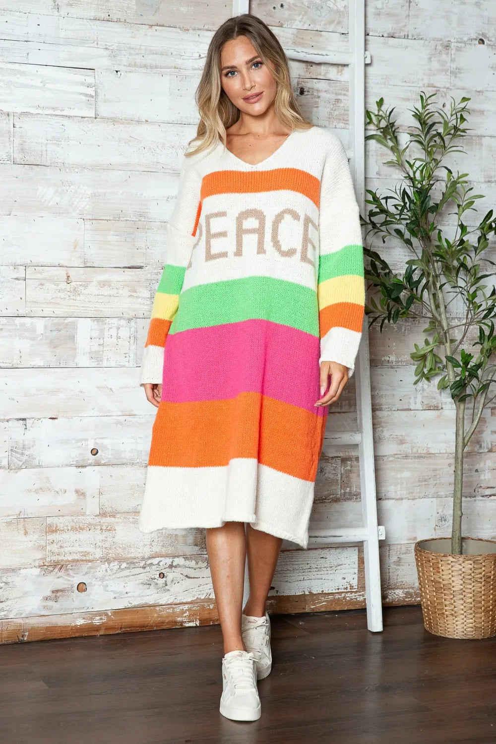 Color Block V-Neck Long Sleeve Sweater Dress - tif-shop24.de